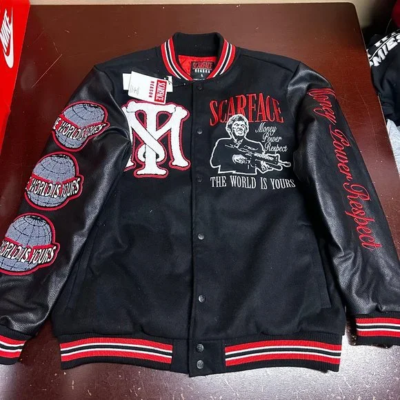 Scarface X Reason Mens Black Collab Patched Wool Long Sleeve Varsity Jacket  Sz L